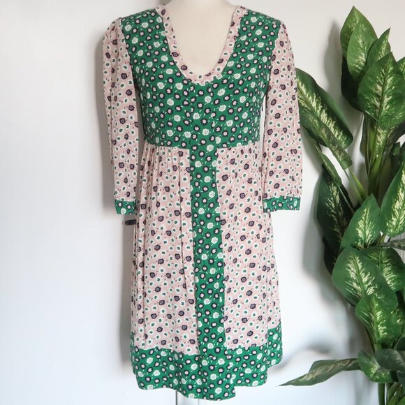 Boden Green Pink Floral 3/4 Sleeve Mini Dress Viscose Boho Spring Summer Size 2 - Picture 1 of 16